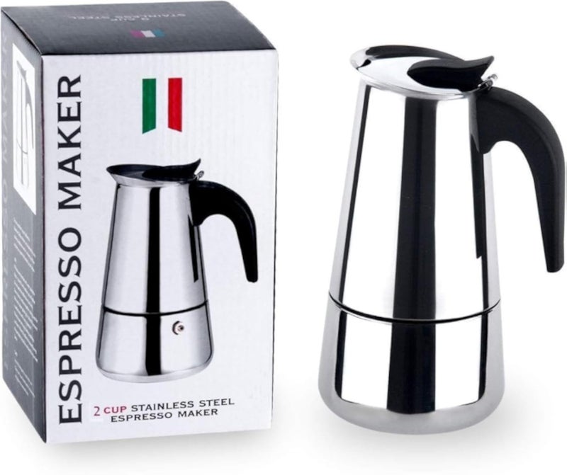 Stainless Steel Espresso Coffee Maker â€“ Original Italian Moka Pot Coffee Machine for Use on All Stove Types â€“ Stylish and Durable Design for Flavored Coffee (2 Cups)