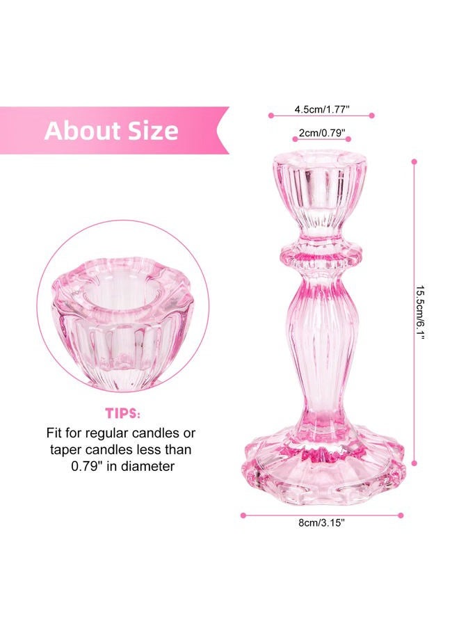 SHOWLOUE Glass Candle Holders, 2PCS Wide Base Candlestick Holder Decorative Candle Stand Table Centerpieces for Halloween Christmas Wedding Birthday Party, Pink - Image 2
