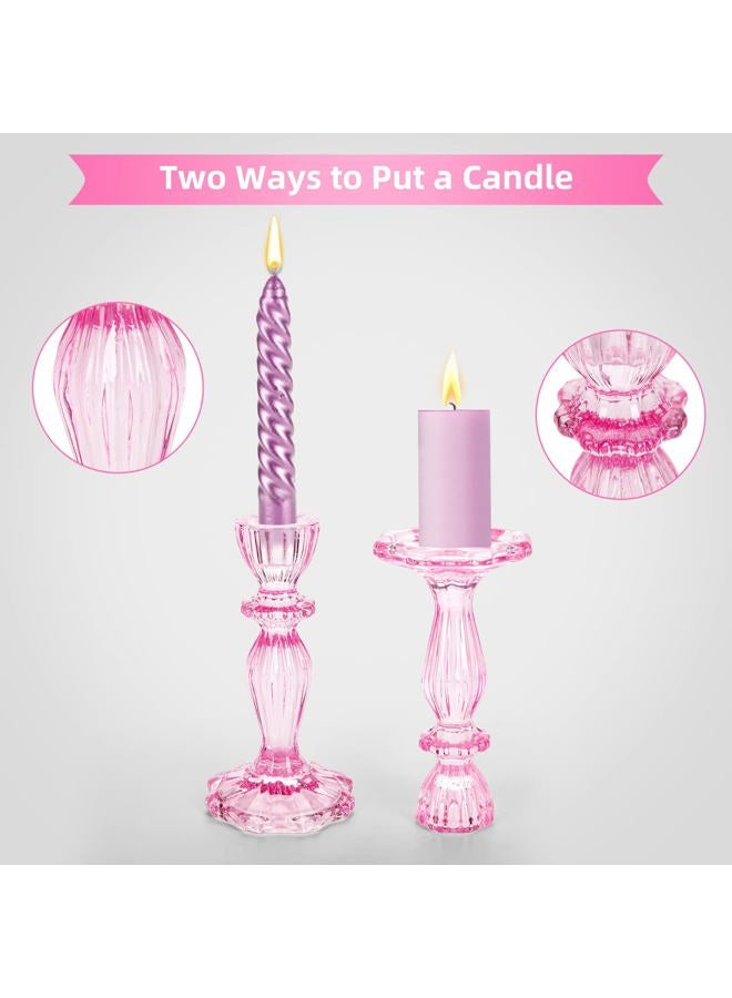 SHOWLOUE Glass Candle Holders, 2PCS Wide Base Candlestick Holder Decorative Candle Stand Table Centerpieces for Halloween Christmas Wedding Birthday Party, Pink - Image 3