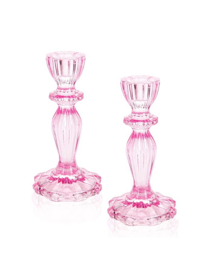 SHOWLOUE Glass Candle Holders, 2PCS Wide Base Candlestick Holder Decorative Candle Stand Table Centerpieces for Halloween Christmas Wedding Birthday Party, Pink - Image 1
