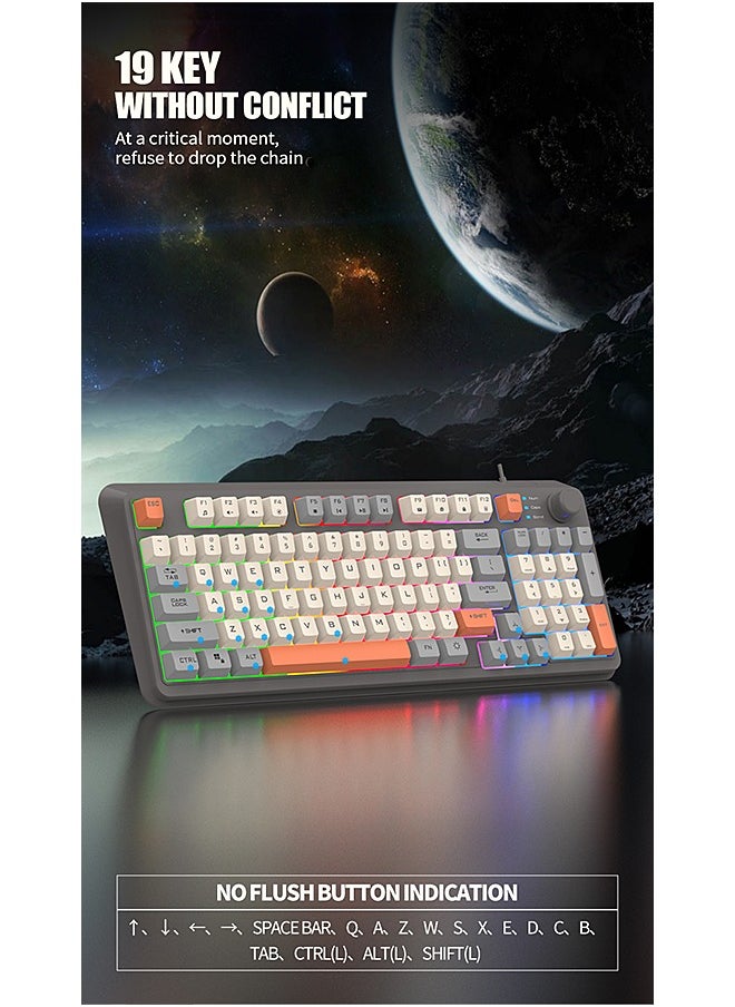 XUNFOX - 94-Key Wired Keyboard, Membrane Keyboard, Gaming Keyboard, Office Keyboard, Built-in Volume Adjustment Knob, RGB Light Effect, Computer Keyboard - Image 1
