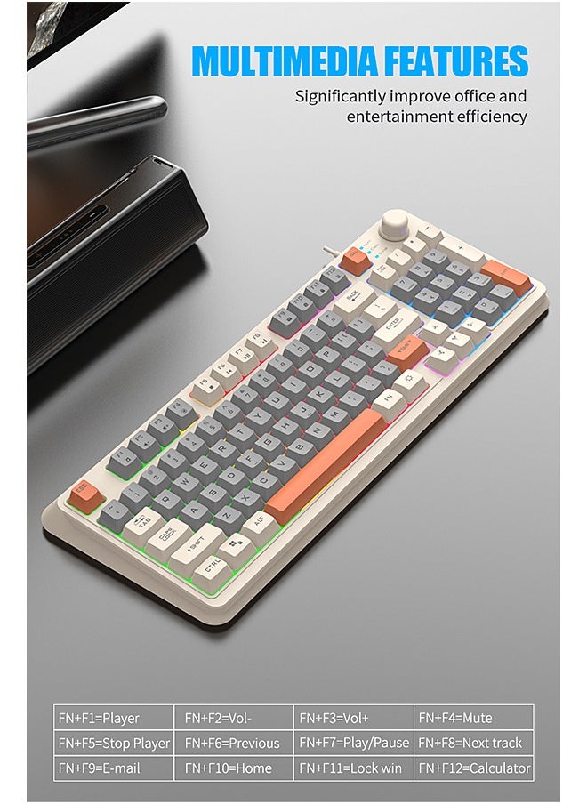 XUNFOX - 94-Key Wired Keyboard, Membrane Keyboard, Gaming Keyboard, Office Keyboard, Built-in Volume Adjustment Knob, RGB Light Effect, Computer Keyboard - Image 1