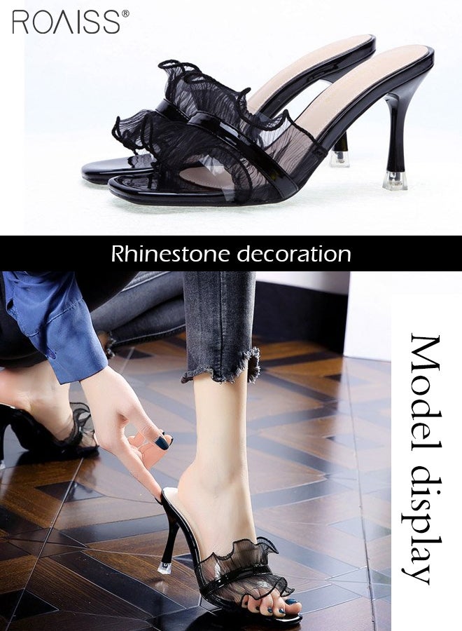 رويس شباشب شبكية من الدانتيل مفتوحة من الأمام للنساء ناعمة للتنقل اليومي للولائم تصميم إصبع مربع بكعب ستيليتو صنادل صيفية قابلة للتنفس وغير قابلة للانزلاق أنيقة باللون الأسود - Image 3