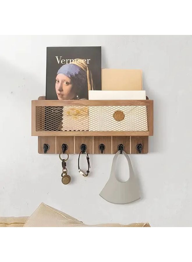 حامل مفاتيح معلق على الحائط بلون الخشب مع منظم بريد، رف تخزين قديم بسيط - Image 2