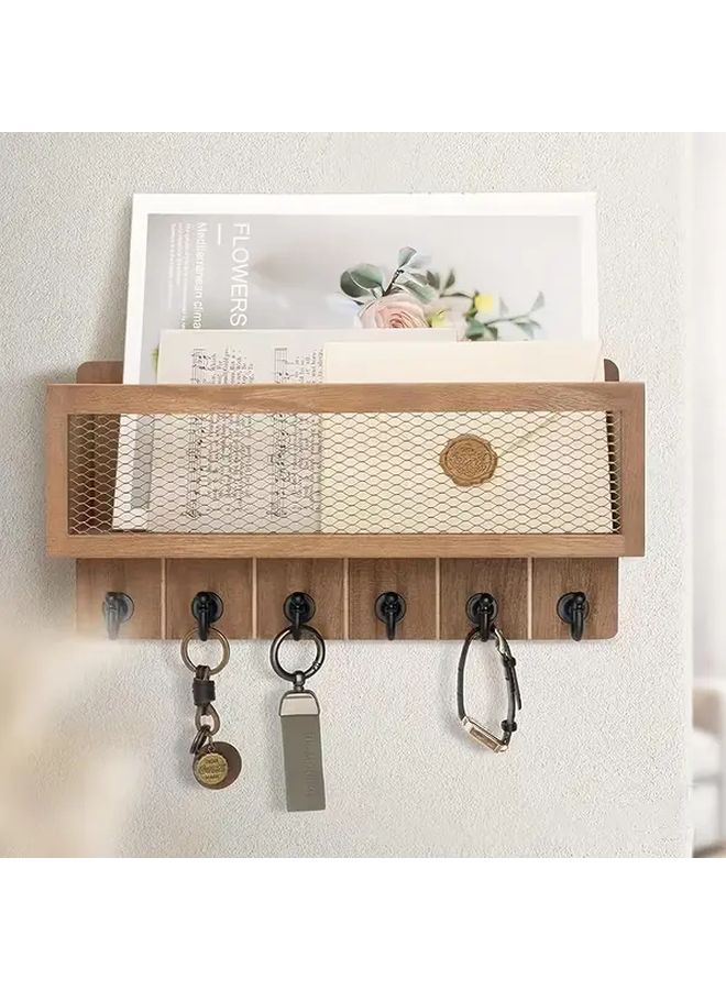 حامل مفاتيح معلق على الحائط بلون الخشب مع منظم بريد، رف تخزين قديم بسيط - Image 5