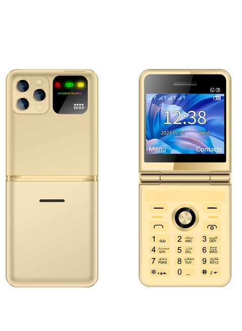 Slim Folding Mobile Phone with GSM Support 4 SIM Standby 2.4 Inch Display  Flashlight Speed Dial, FM Radio and Magic Voice Features.