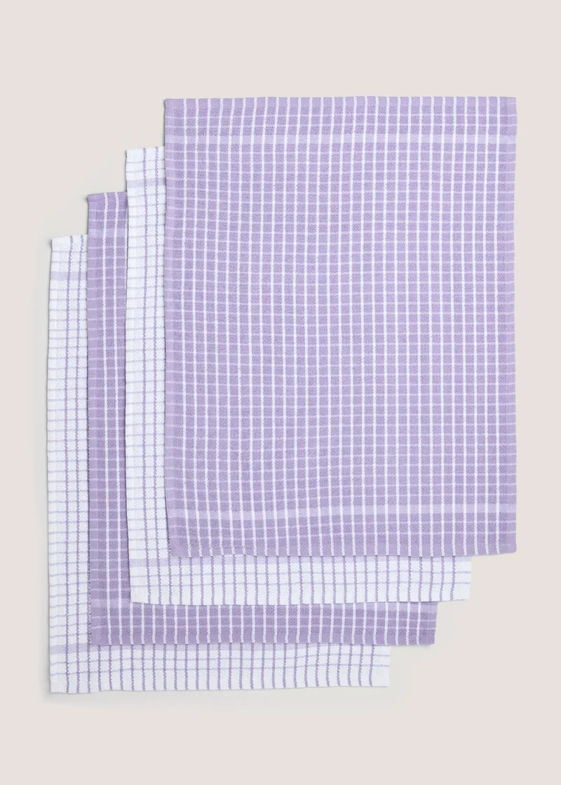 Matalan 4 Pack Lilac Check Terry Tea Towels