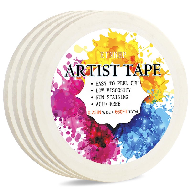 ETNRHP 4 Packs White Artist Tape for Watercolor Paper Drafting Art Low Tack Masking Tape Acid Free Painter Watercolor Tape for Painting Canvas Framing, 0.25inch Wide 660FT Long Total - Image 1