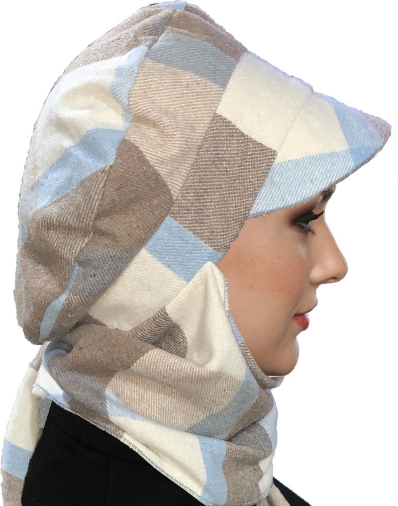 Fidan Bone Wool Cap Hat with Scarf Plaid Blue Beige Cream Ready-made Turban Bone Beret  - Image 5