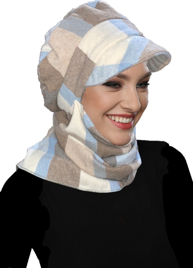 Fidan Bone Wool Cap Hat with Scarf Plaid Blue Beige Cream Ready-made Turban Bone Beret  - Image 1