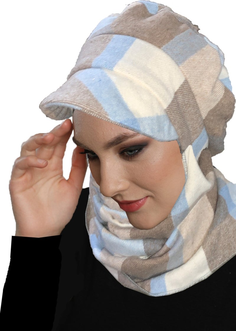 Fidan Bone Wool Cap Hat with Scarf Plaid Blue Beige Cream Ready-made Turban Bone Beret  - Image 3