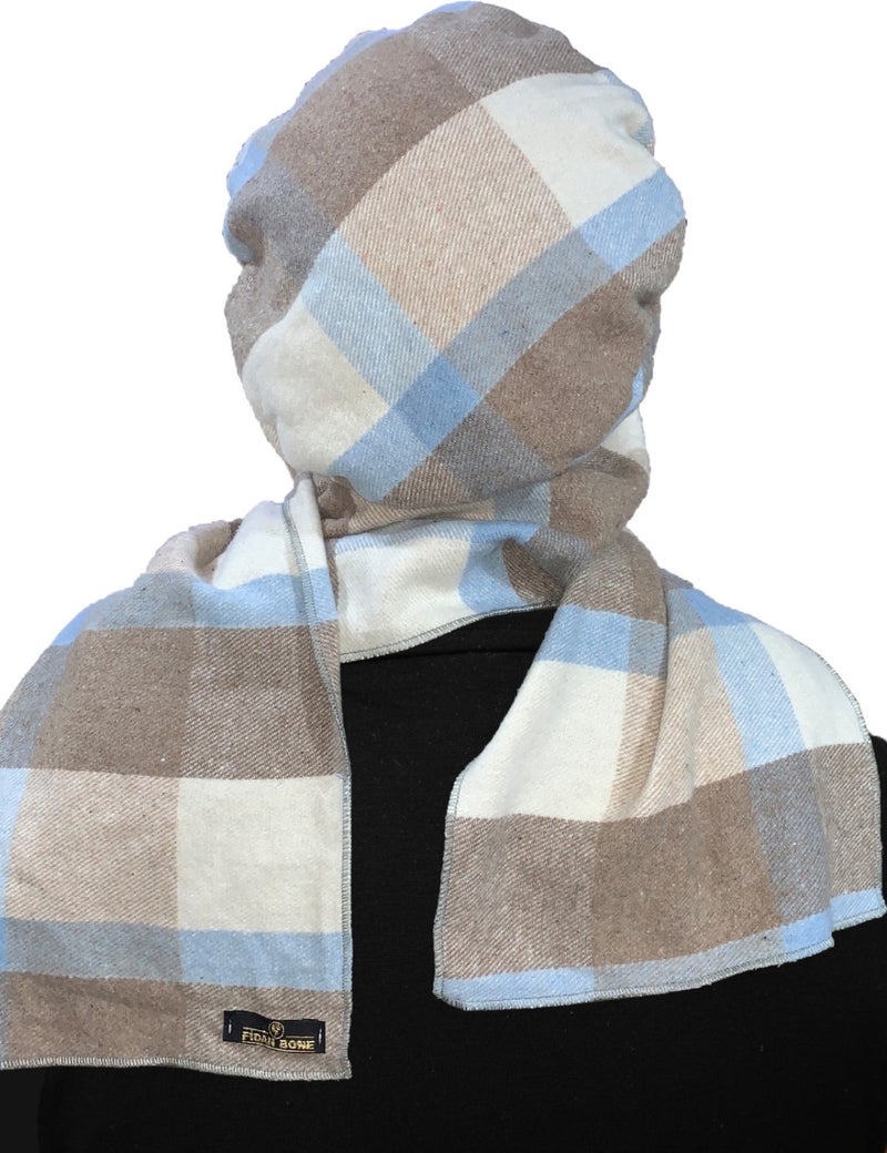 Fidan Bone Wool Cap Hat with Scarf Plaid Blue Beige Cream Ready-made Turban Bone Beret  - Image 4