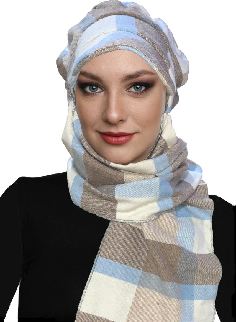 Fidan Bone Wool Cap Hat with Scarf Plaid Blue Beige Cream Ready-made Turban Bone Beret  - Image 2
