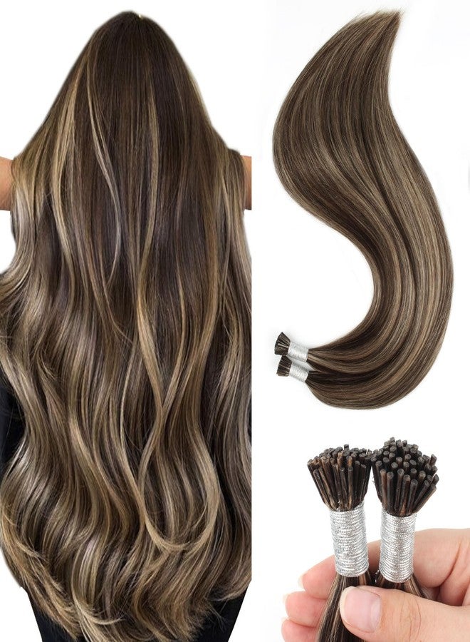 Sixstarhair Itip Hair Extensions Human Hair I Tip Extensions Chocolate Brown Highlighted Caramel Blonde Color 4/27 Cold Fusion Itip Hair Extensions Keratin Hair Extensions 14 Inch 50g/Pack 100Strands - Image 1