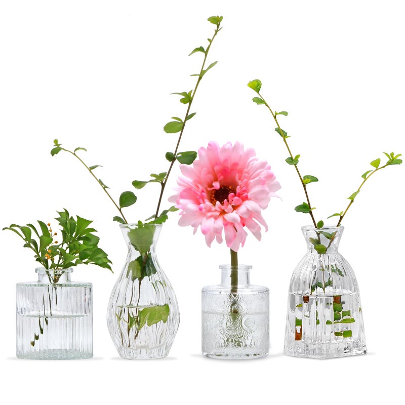 Mapoxy Glass Bud Vases Set of 4,Small Flower Vases for Wedding Centerpiece Table Decorations,Clear Vintage Embossed Mini Vases,Flower Arrangements in Vases for Party or Home Decor - Image 1