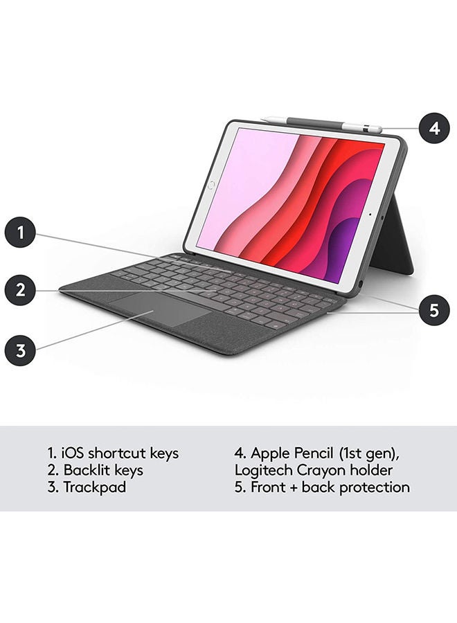 Logitech Combo Touch for iPad (7th, 8th & 9th Gen), Keyboard Case with Trackpad, Wireless Detachable Keyboard, Soft Slim Cover, Adjustable Stand, English-Arabic Layout Grey - Image 3