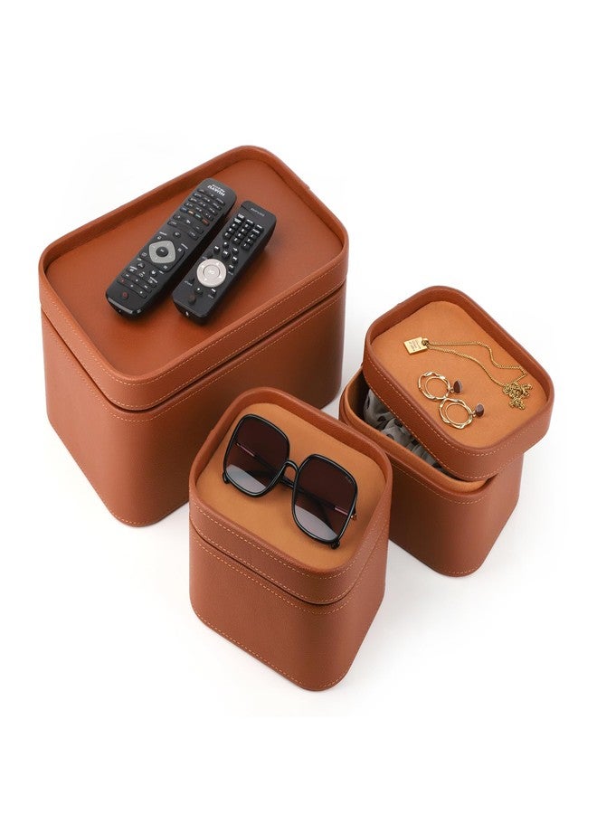 HofferRuffer Faux Leather Decorative Storage Boxes, Dust proof Storage Shelf Baskets with Lids Trays, Storage Bins Memory Box Organizer for Home, Office, Jewelry & More, Set of 3 (Brown) - Image 3