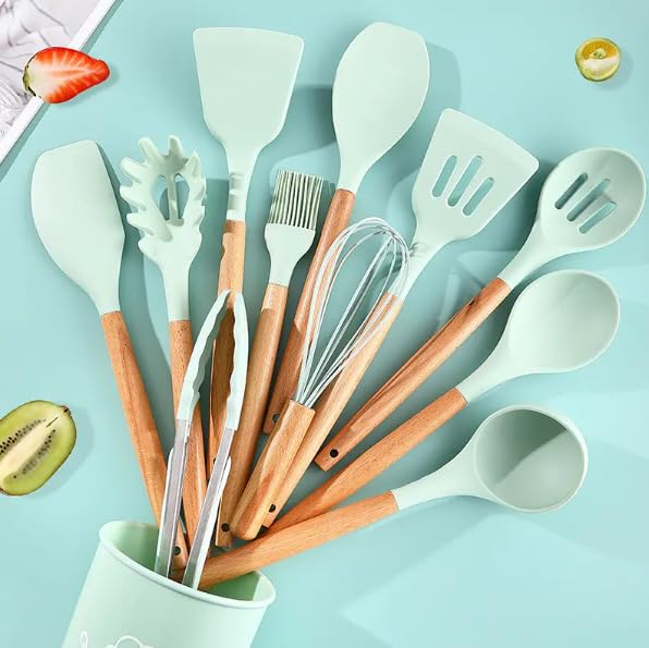 Royalkart® Silicone Kitchen Utensil Set, 11 Pieces Cooking Utensil with Wooden Handles and Utensil Holder BPA Non-Stick, Heat Resistant, Kitchen Tools Set (Mint Green) - Image 1