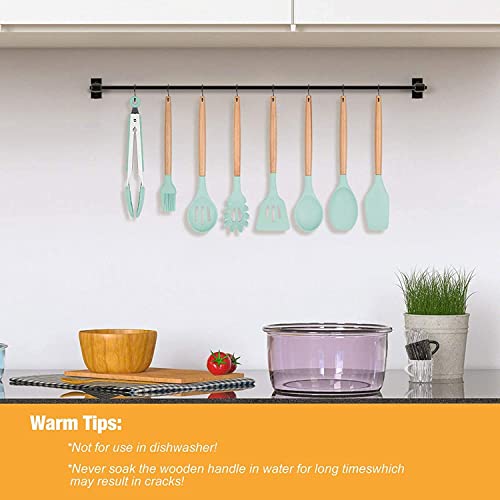 Royalkart® Silicone Kitchen Utensil Set, 11 Pieces Cooking Utensil with Wooden Handles and Utensil Holder BPA Non-Stick, Heat Resistant, Kitchen Tools Set (Mint Green) - Image 5