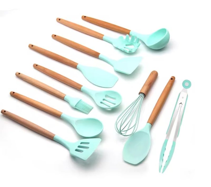 Royalkart® Silicone Kitchen Utensil Set, 11 Pieces Cooking Utensil with Wooden Handles and Utensil Holder BPA Non-Stick, Heat Resistant, Kitchen Tools Set (Mint Green) - Image 2