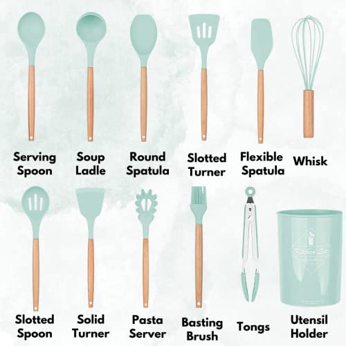 Royalkart® Silicone Kitchen Utensil Set, 11 Pieces Cooking Utensil with Wooden Handles and Utensil Holder BPA Non-Stick, Heat Resistant, Kitchen Tools Set (Mint Green) - Image 4