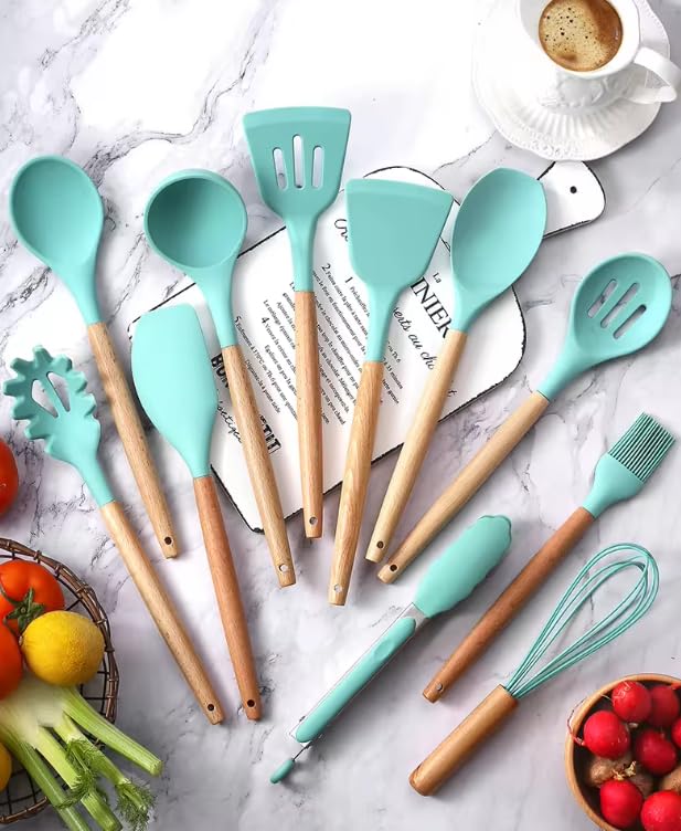 Royalkart® Silicone Kitchen Utensil Set, 11 Pieces Cooking Utensil with Wooden Handles and Utensil Holder BPA Non-Stick, Heat Resistant, Kitchen Tools Set (Mint Green) - Image 3