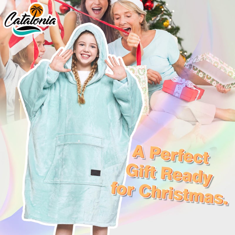 Catalonia Catalonia Oversized Blanket Hoodie Sweatshirt for Kids  Wearable Fleece Pullover with Large Front Pocket  Teen Boys Girls Gift Aqua  - Image 3