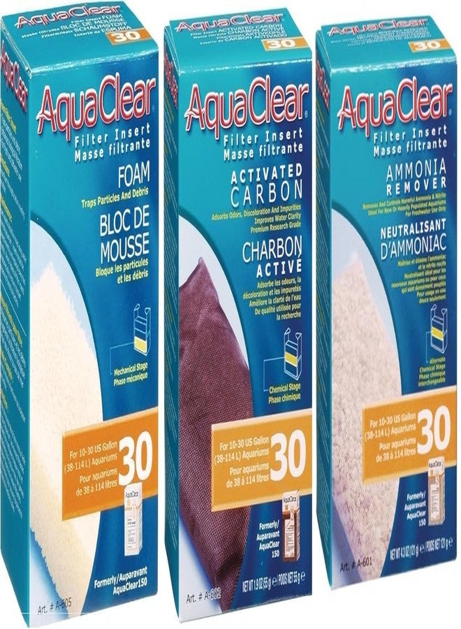 AquaClear Fluval 30 Maintenance Kit Hang on Back Aquarium Filter Aqua Clear AC30 Carbon Foam Ammonia 3 Month Supply
