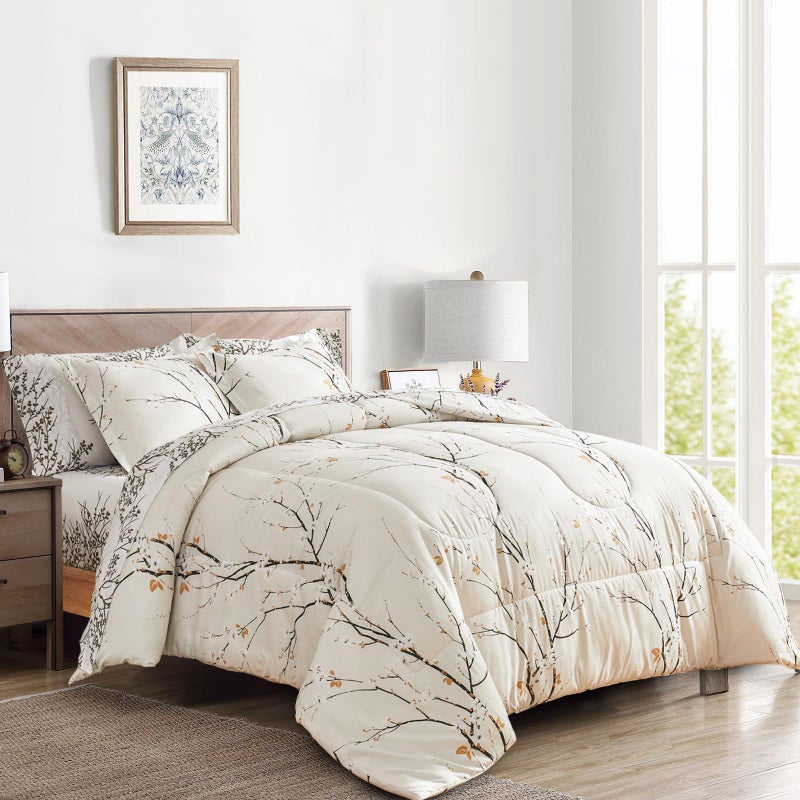 Cream White Bed in a Bag Queen 7 pc Branch Style All Season Soft Microfiber Reversible Bed Comforter Set 1 Comforter 2 Pillow Shams 1 Flat Sheet 1 Fitted Sheet 2 Pillowcases