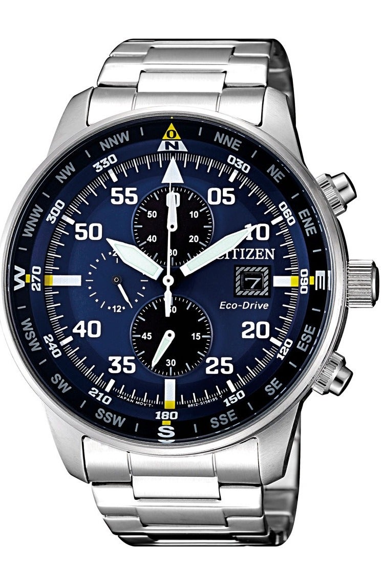 CITIZEN ساعة يد للرجال بتقنية إيكو درايف مع كرونوغراف دقيق ومينا زرقاء وبوصلة - Image 1