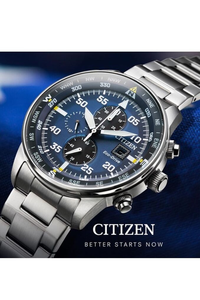 CITIZEN ساعة يد للرجال بتقنية إيكو درايف مع كرونوغراف دقيق ومينا زرقاء وبوصلة - Image 4