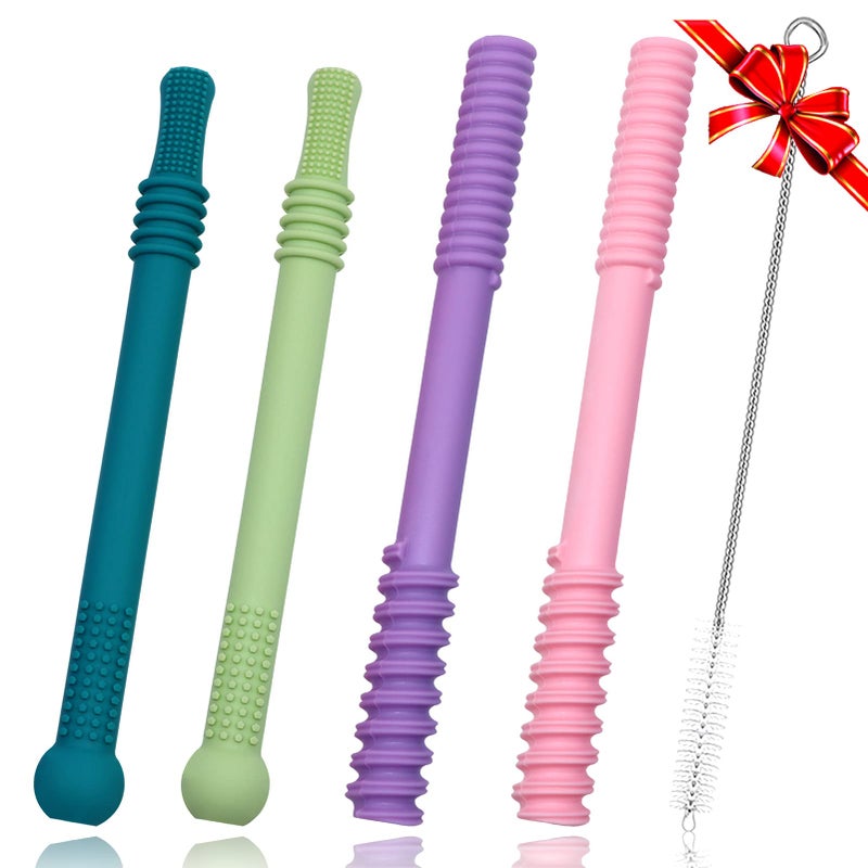 SunCore Direct Teether Tubes for Babies 6 12 18 Months 4 Pack Hollow Straw Toddler Teether Toys for molars Silicone Chew Tube for Sensory Kids with Chewing or Other Special Needs BPA Free Dishwasher Freezer Safe 