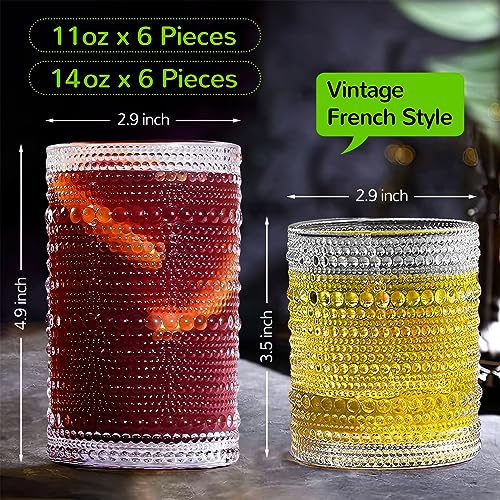 Lvtrupc Vintage Hobnail Drinking Glasses Set of 12-14 oz Old Fashioned Water Glass Cups & 11 oz Cocktail Glasses, Aesthetic Kitchen Bar Tumbler Glassware Gifts Sets for Smoothie, Juice, Coffee, Wine - Image 2