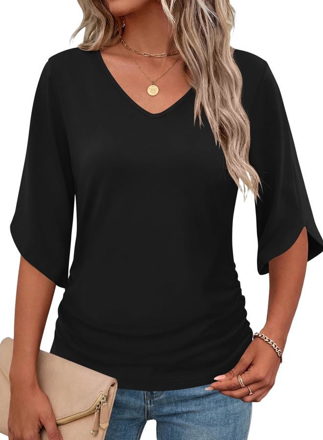 Micoson Womens 3/4 Sleeve Tops V Neck Spring Summer Shirts Beach Vacation Clothes Business Casual Outfits, Black, S - Image 1