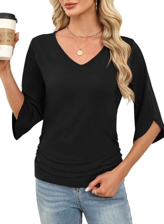 Micoson Womens 3/4 Sleeve Tops V Neck Spring Summer Shirts Beach Vacation Clothes Business Casual Outfits, Black, S - Image 2