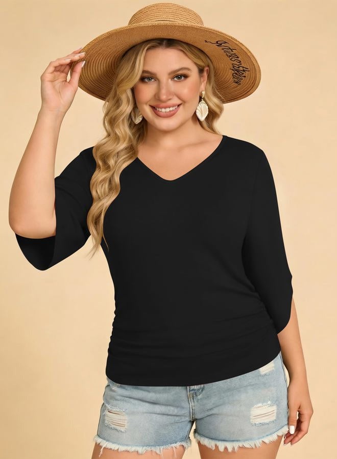Micoson Womens 3/4 Sleeve Tops V Neck Spring Summer Shirts Beach Vacation Clothes Business Casual Outfits, Black, S - Image 4