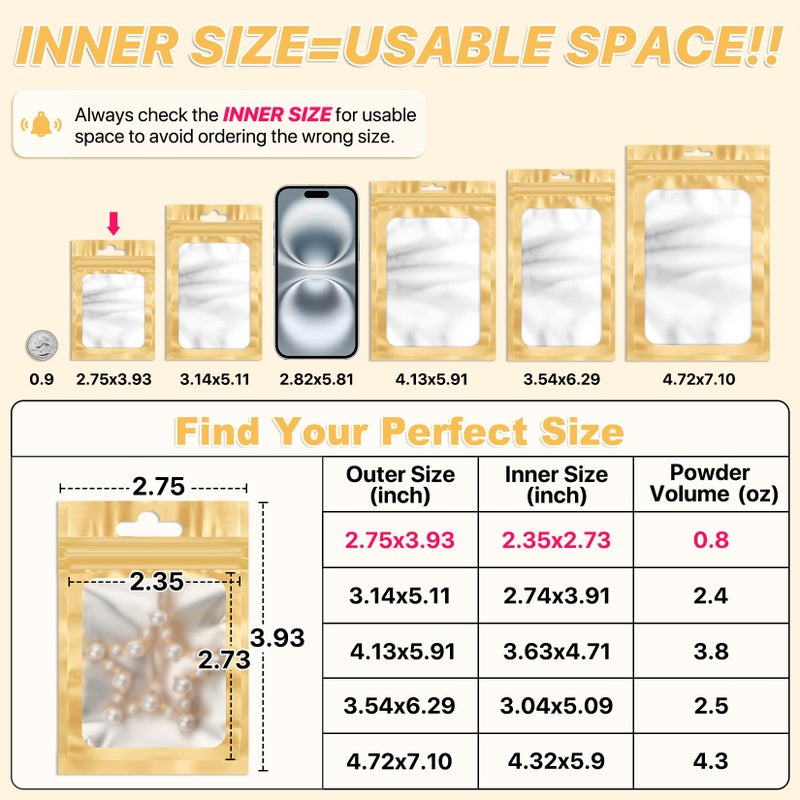 ANZNKU 100 Pcs Resealable Mylar Bags with Frosted Clear Window Packaging Bags Foil Pouch Zipper Bag for Food Self Sealing Storage Supplies (2.75Ã—3.93 inches, Light Gold) - Image 2
