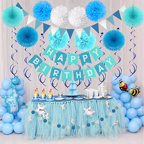 ZERODECO Birthday Decoration Set - Happy Birthday Banner with Fans, Pom Poms, Swirls and Balloons - Blue, Sky Blue and White - Image 4