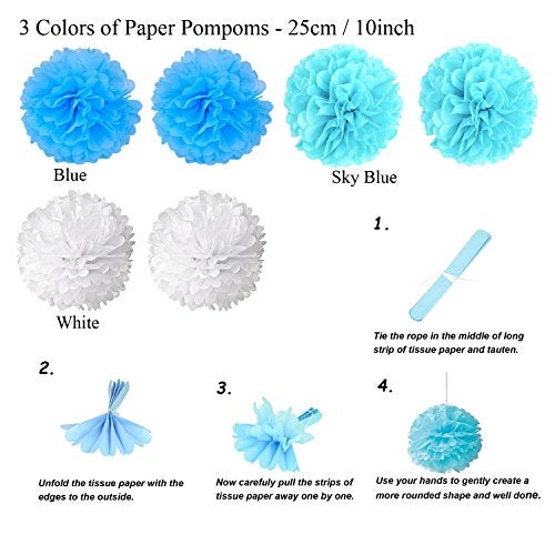 ZERODECO Birthday Decoration Set - Happy Birthday Banner with Fans, Pom Poms, Swirls and Balloons - Blue, Sky Blue and White - Image 2