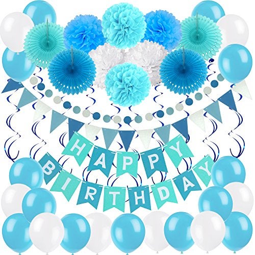 ZERODECO Birthday Decoration Set - Happy Birthday Banner with Fans, Pom Poms, Swirls and Balloons - Blue, Sky Blue and White - Image 1