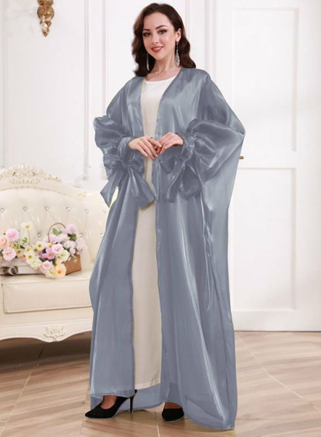Loquat Women's Solid Color Puff Sleeve Abaya Elegant Long Cardigan Light Grey 