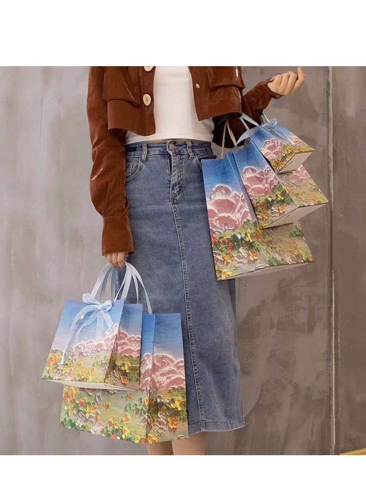6 Pieces Ramadan Eid Luxury Gift Paper Bags 3D Flowers Mountain Sky Design Oil Painting Paperboard Bags with Two Ribbons - Image 3