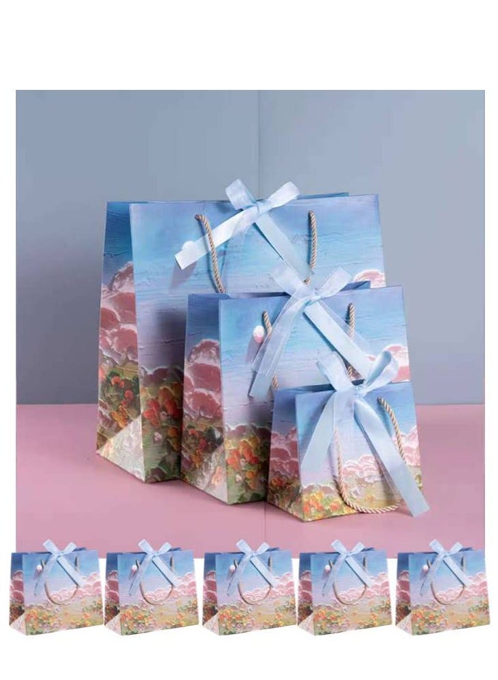6 Pieces Ramadan Eid Luxury Gift Paper Bags 3D Flowers Mountain Sky Design Oil Painting Paperboard Bags with Two Ribbons - Image 1