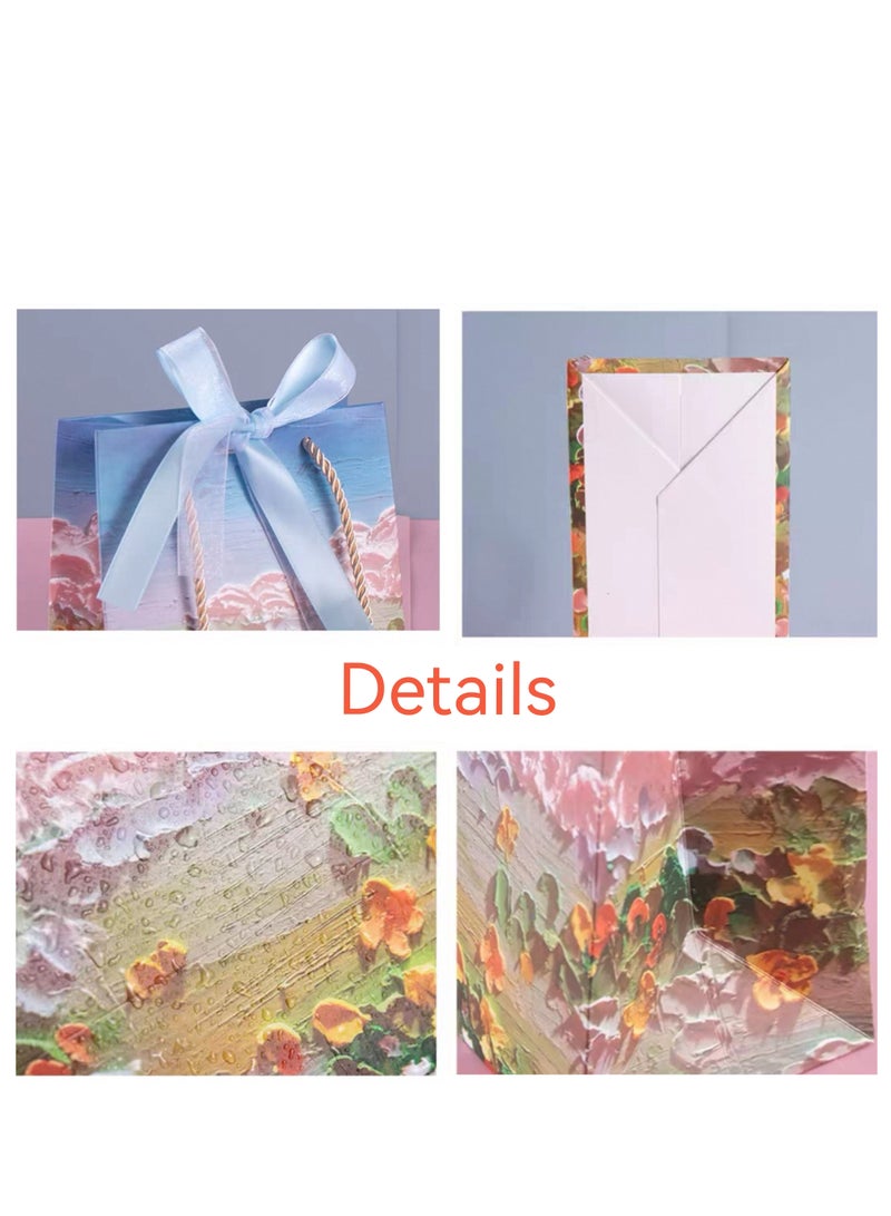 6 Pieces Ramadan Eid Luxury Gift Paper Bags 3D Flowers Mountain Sky Design Oil Painting Paperboard Bags with Two Ribbons - Image 4