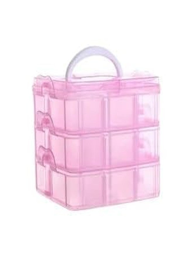 SELOME Transparent 3-Layer Plastic Jewelry Organizer Box – 18 Grid Detachable Storage Case for Earrings, Buttons, Sewing, Hair Accessories (14.5 x 14.5 cm) (Pink)