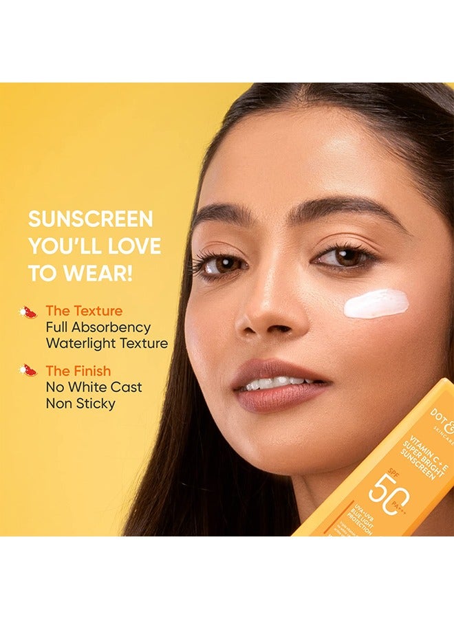 Dot & Key Vitamin C + E Super Bright Sunscreen SPF 50 Water-Light UVA/UVB and Blue Light Protection   For Even Toned and Glowing Skin   With Liquid SPF 50+++   No White Cast  For All Skin Types  80g… - Image 4
