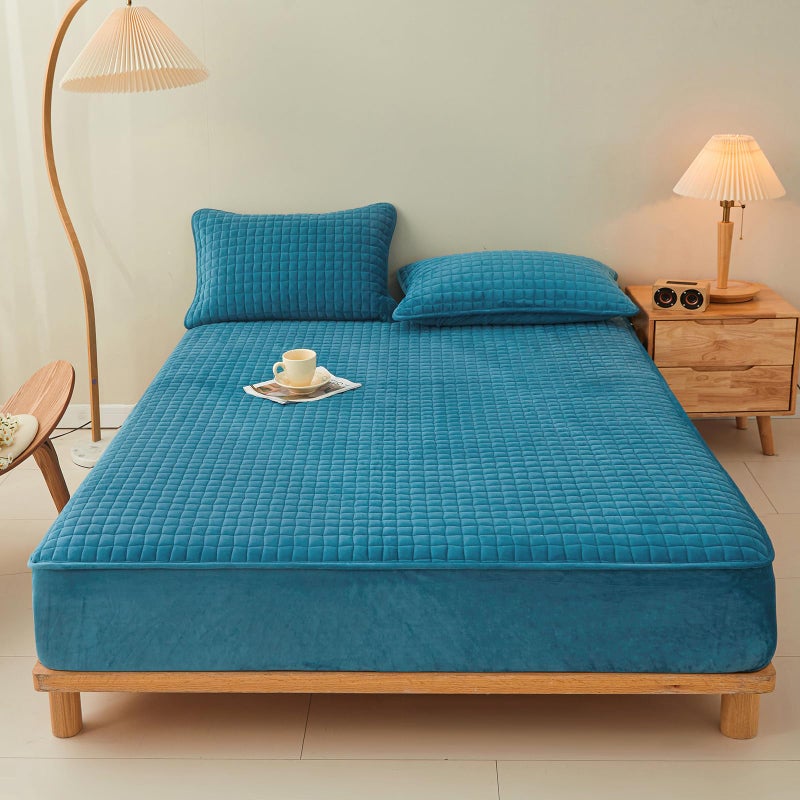 LweiPsqLin Quilted Flannel Fitted Sheets,Soft Flannel Fleece Mattress Top- Suitable for Fall and Winter,Fitted Deep Pocket Up to 15''. (Blue, Twin) - Image 1