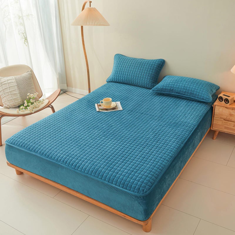 LweiPsqLin Quilted Flannel Fitted Sheets,Soft Flannel Fleece Mattress Top- Suitable for Fall and Winter,Fitted Deep Pocket Up to 15''. (Blue, Twin) - Image 2