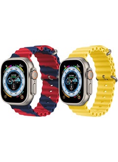 vesus Silicone Ocean Band Strap for Apple Watch Ultra 8 49mm Red/Blue Double Line Strap with Yellow Single Color Strap Set of 2 