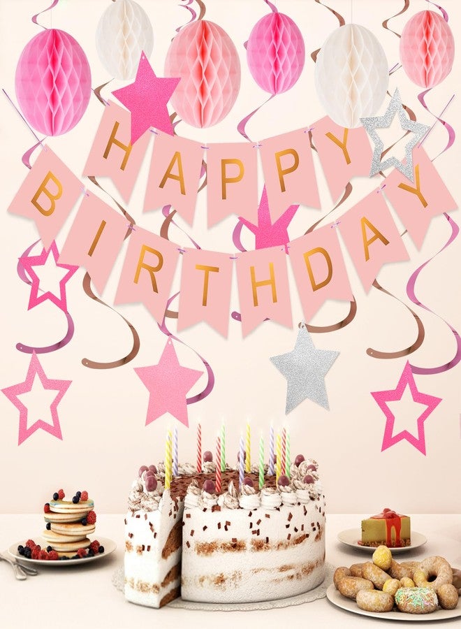 meowtastic Birthday Decorations, Happy Birthday Banner with Honeycomb Balls, Stars Hanging Swirls Streamers, Circle Dots Garland, Happy Birthday Party Decorations for Women Men Boys Girls (Pink) - Image 2